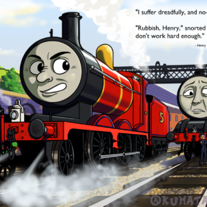 A reimagining of an illustration from the book "Henry the Green Engine".
