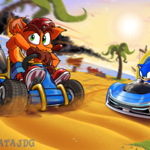 A commission of Crash Bandicoot racing Sonic the Hedgehog!