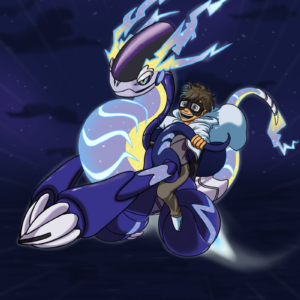 A commission of an original character riding the Pokémon 'Miraidon'.