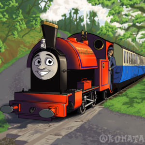 A commission of Peter Sam crossing the road at Abergynolwyn on the Talyllyn Railway.