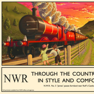 Prints of this are available in my shop! A mock vintage railway poster for the North Western Railway, featuring a faceless variant of James the red engine.