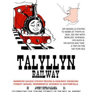 A recreation of a vintage poster used by the Talyllyn Railway to promote their 1983 event in which 'Sir Handel' visited the line - updated to reflect his presence at the 2024 Awdry Extravaganza event.