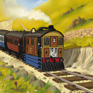 Toby and his vintage train on the Anopha tramway.